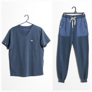 FIGS Scrub Set Blue Short Sleeve Top High Rise Jogger Pants Pockets Sz XS Small